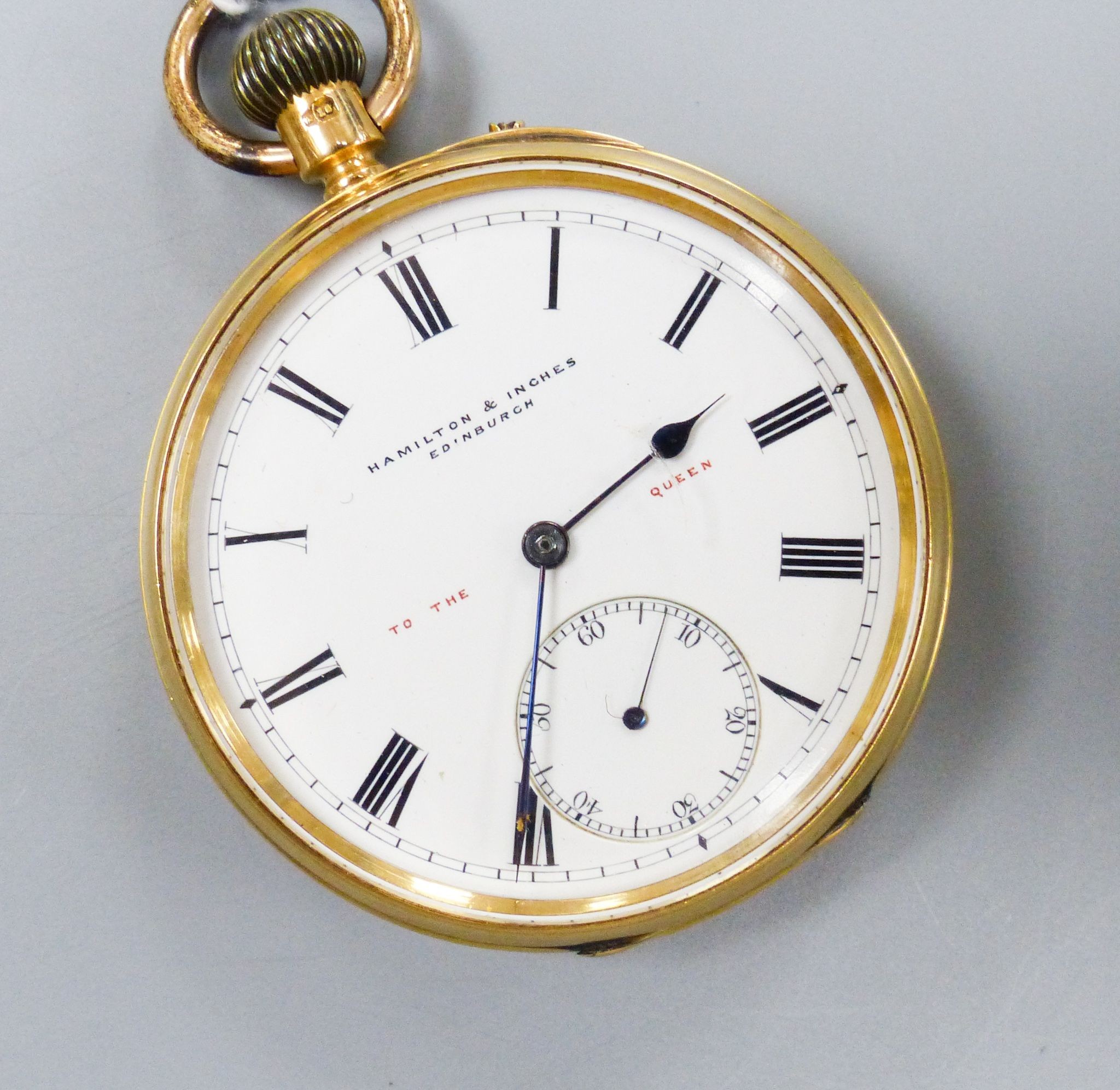 A late Victorian 18ct gold open faced keyless pocket watch, by Hamilton & Inches, with signed three quarter plate movement, case diameter 48mm, gross weight 85.4 grams.